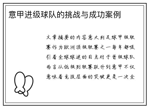 意甲进级球队的挑战与成功案例